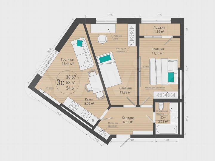 3-к. квартира, 54,6 м², 21/27 эт.
