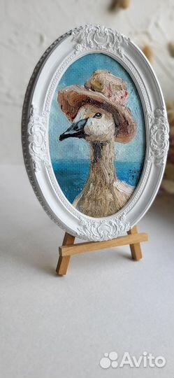 Гусыня в винтажной шляпке, картина маслом в рамке