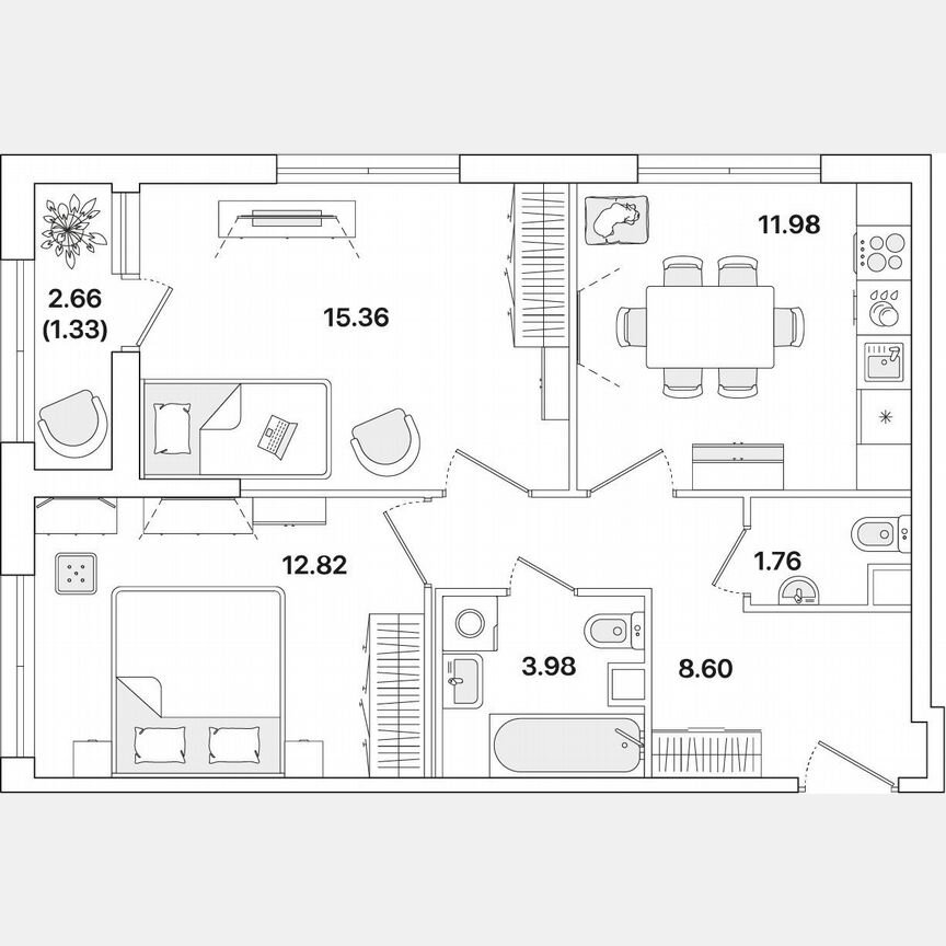 2-к. квартира, 55,8 м², 1/12 эт.