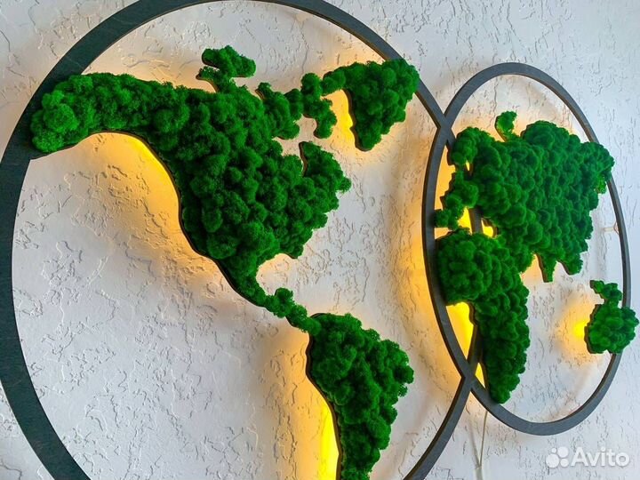 Карта мира из дерева и мха подсветка панно декор