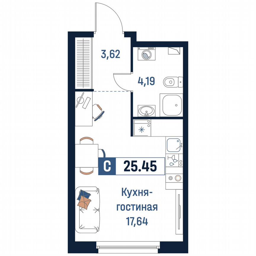 Квартира-студия, 25,5 м², 2/18 эт.