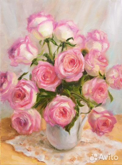 Картина с розами маслом на холсте. Букет цветов