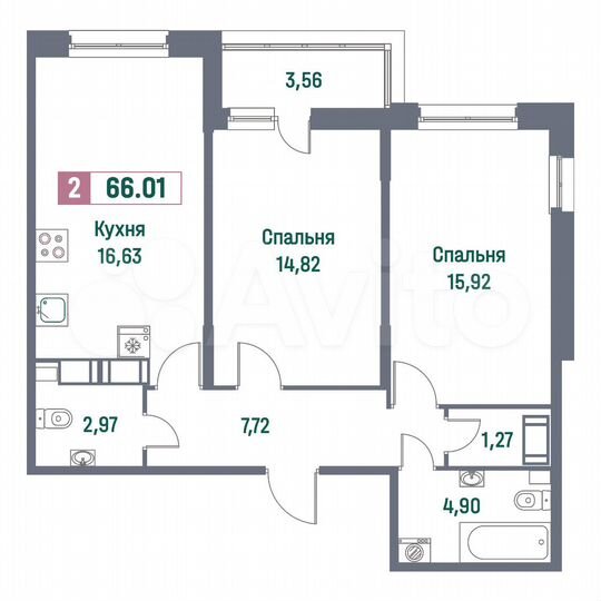 2-к. квартира, 66 м², 15/16 эт.