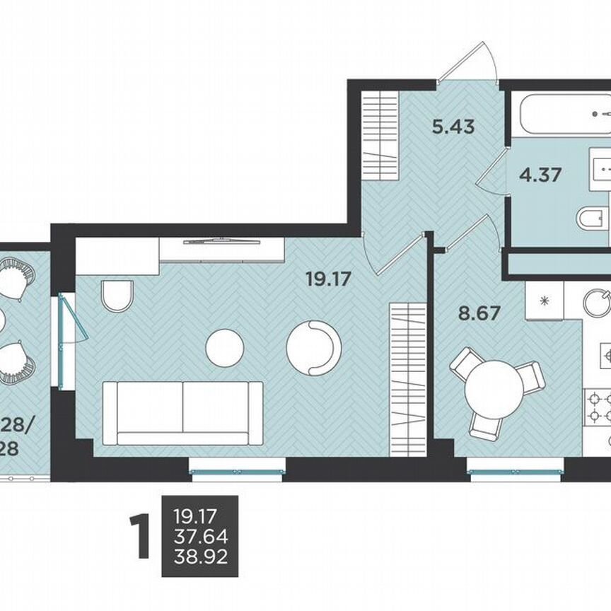 1-к. квартира, 38,9 м², 3/4 эт.