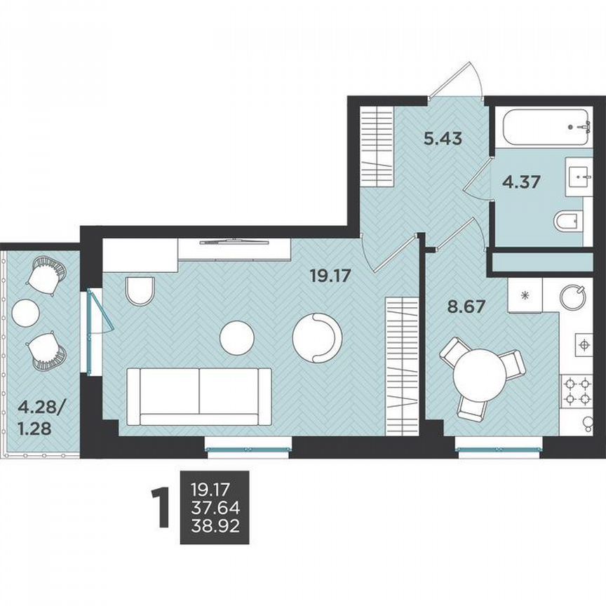 1-к. квартира, 38,9 м², 3/4 эт.