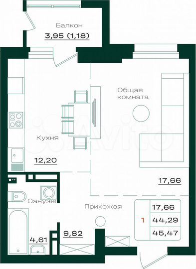 1-к. квартира, 45,5 м², 4/17 эт.