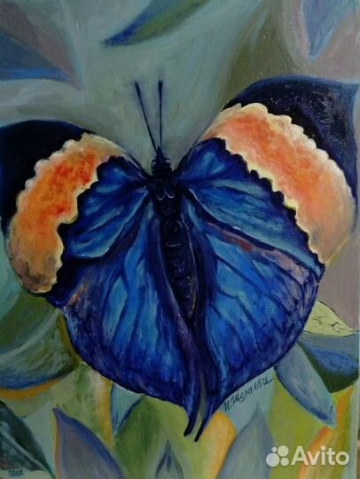 Картина маслом на холсте, цветы, бабочки