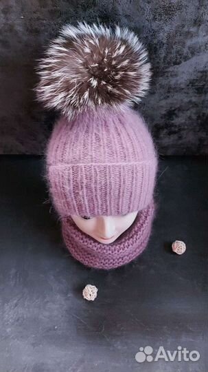 Шапка, снуд, ручная работа. Пух норки