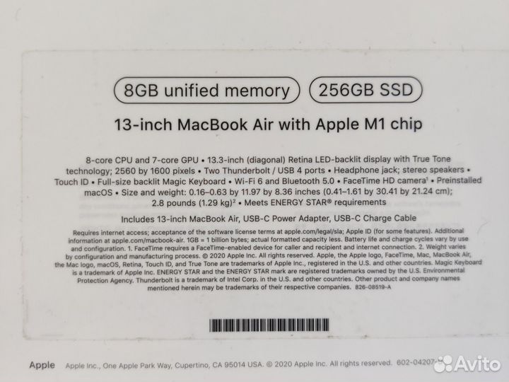 Macbook air 13 2020 m1 8/256gb ssd space gray