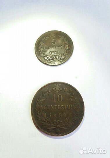 Монеты Италия 5 Centesimi 1861г. и 10 Centesimi 18