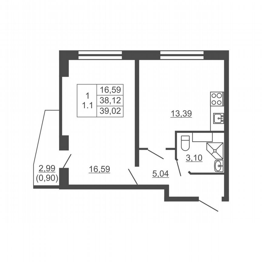 1-к. квартира, 39 м², 6/16 эт.