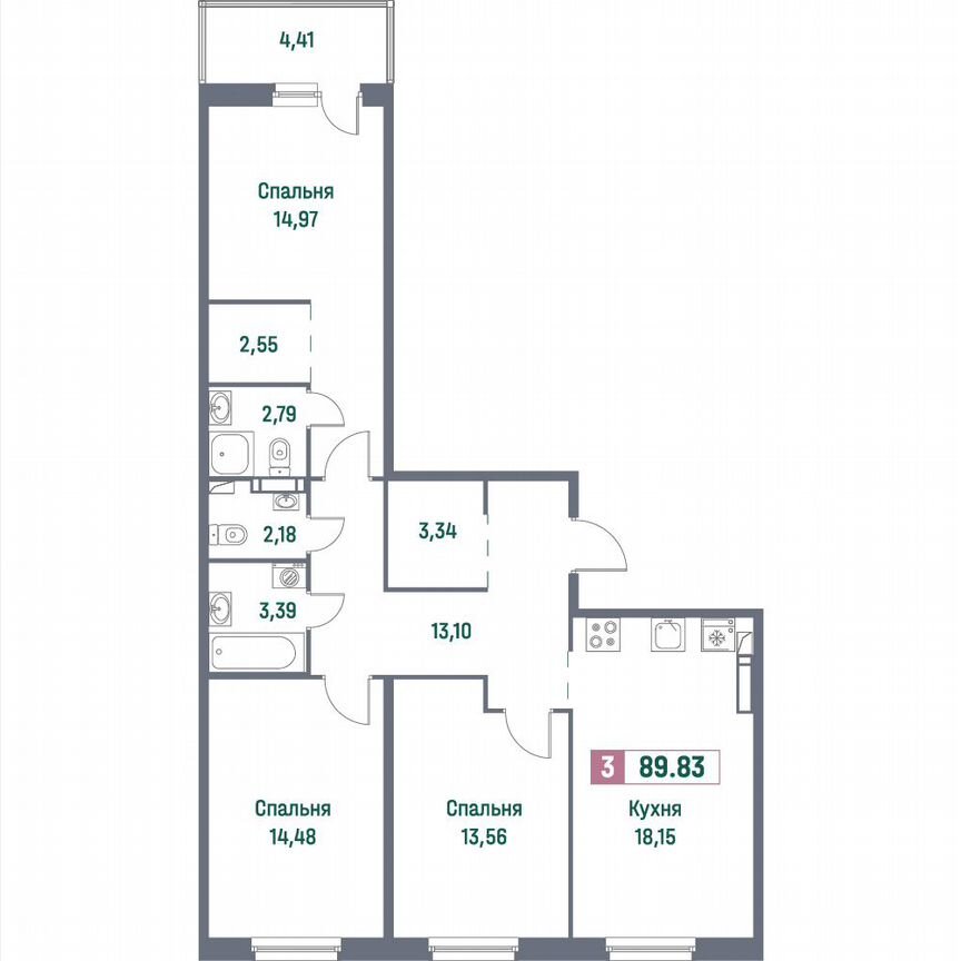 3-к. квартира, 89,8 м², 6/16 эт.