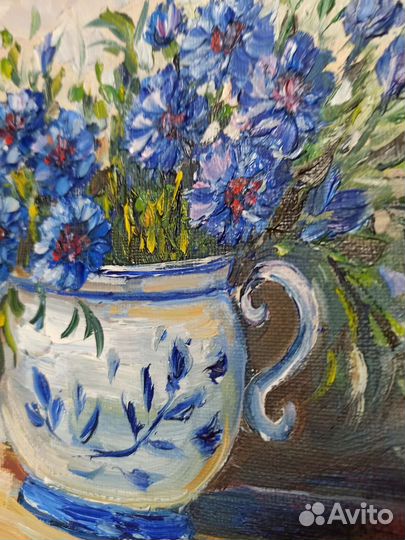 Картина маслом натюрморт цветы васильки