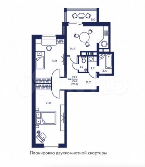 2-к. квартира, 73,1 м², 3/16 эт.