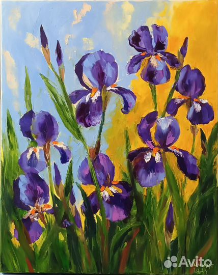 Картина маслом Ирисы. Холст на подрамнике 50х40