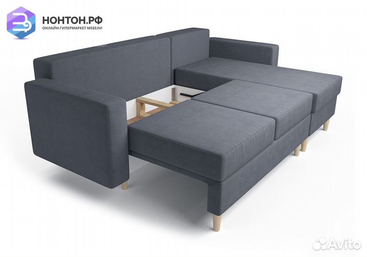 Угловой диван тик-так Белфаст велюр серо-синий