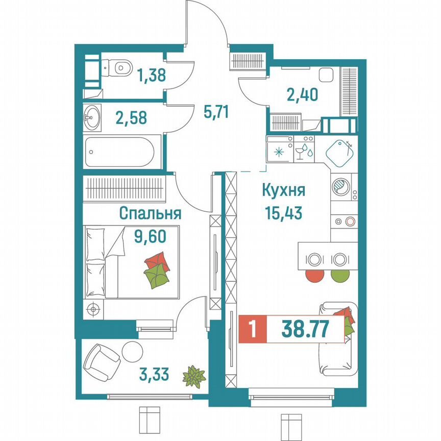 1-к. квартира, 38,8 м², 12/18 эт.
