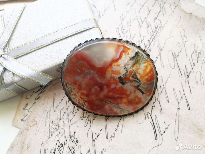 Антикварная Брошь, Моховый агат, серебро, Англия