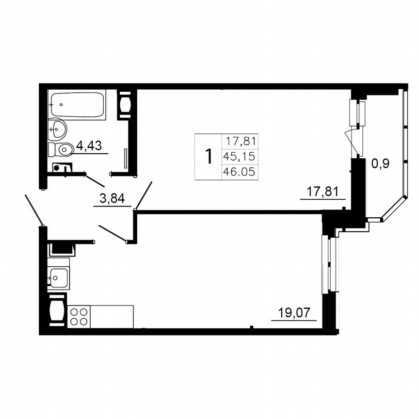 1-к. квартира, 45,2 м², 4/12 эт.