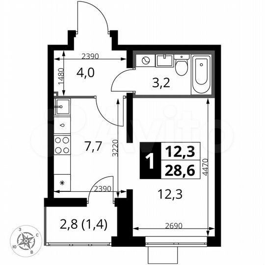 Квартира-студия, 28,6 м², 11/24 эт.