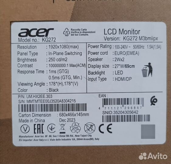 Новый монитор Acer Nitro KG272M3bmiipx 27