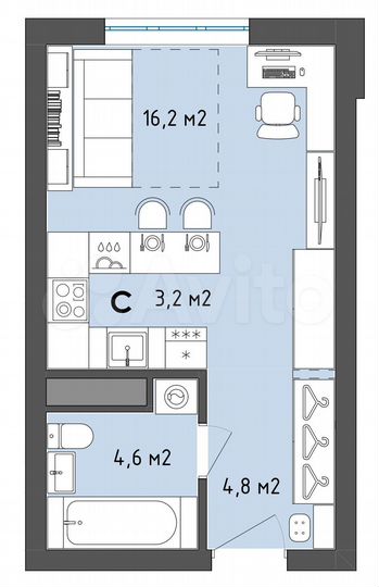 Квартира-студия, 28,8 м², 7/13 эт.