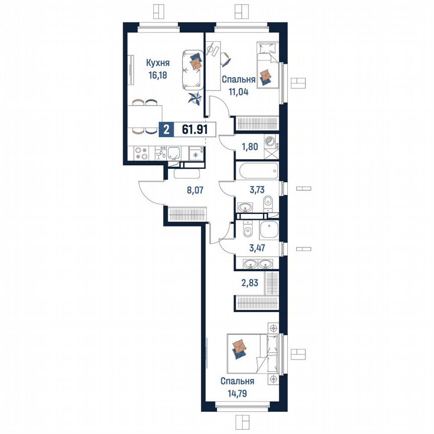 2-к. квартира, 61,9 м², 3/18 эт.