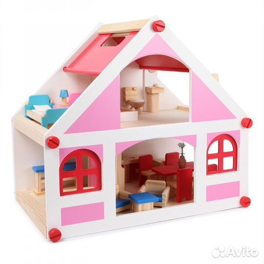 Деревянный кукольный домик с мебелью