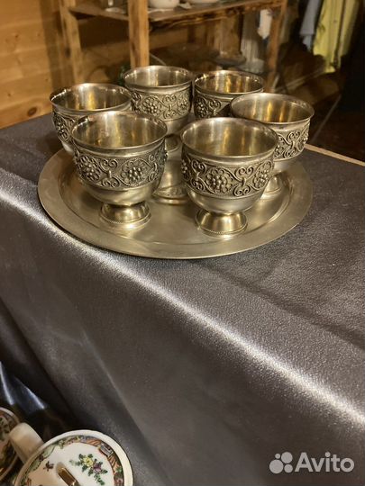 Старинный мельхиоровый набор для коньяка