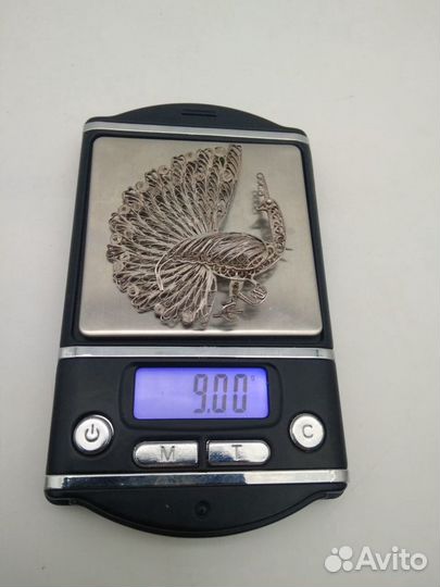 Брошь Павлин скань серебро 800 проба, длина 6