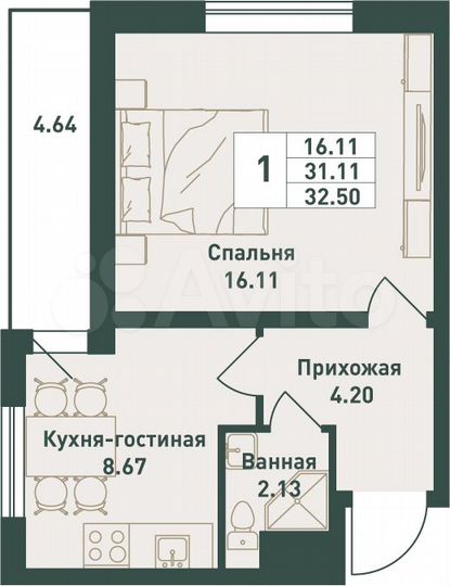 1-к. квартира, 32,5 м², 9/16 эт.