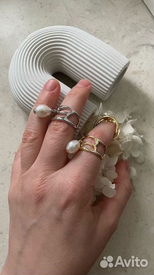 Комплект кольцо и серьги с натуральным жемчугом