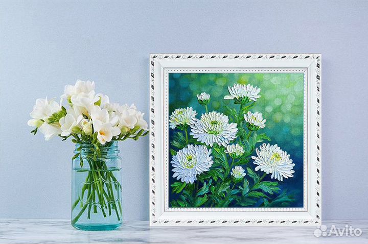 Картина маслом, цветы Хризантемы, холст 20х20