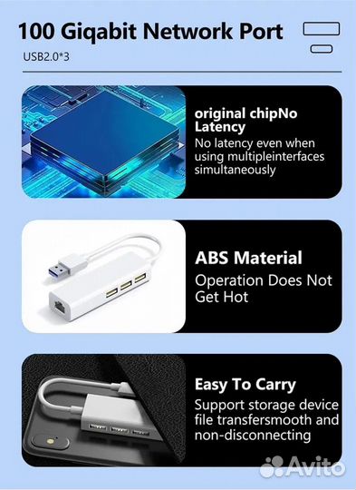 USB HUB 4 in 1 RJ45 100 mb/s