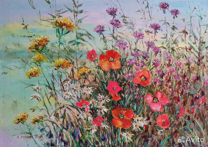 Картина маслом на холсте маки пионы подснежники