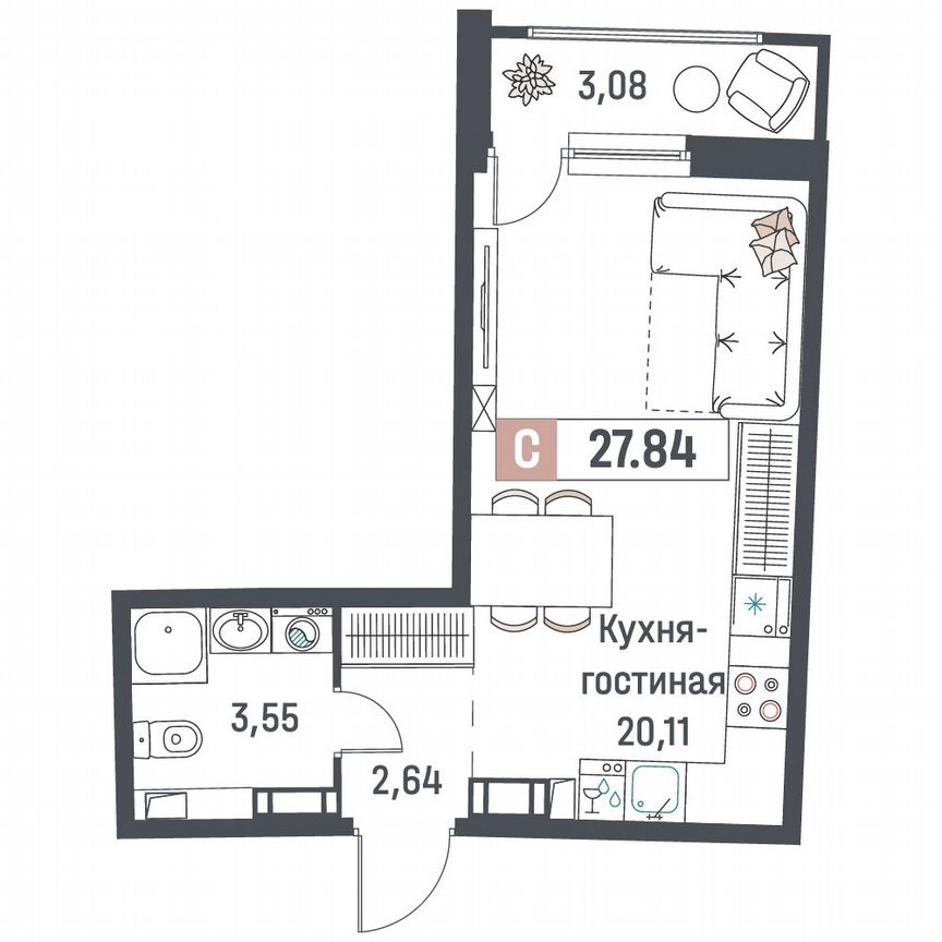 Квартира-студия, 27,8 м², 4/18 эт.