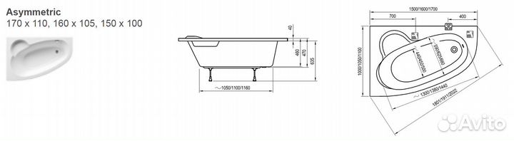 Ванна акриловая Ravak asymmetric 150X100 белая