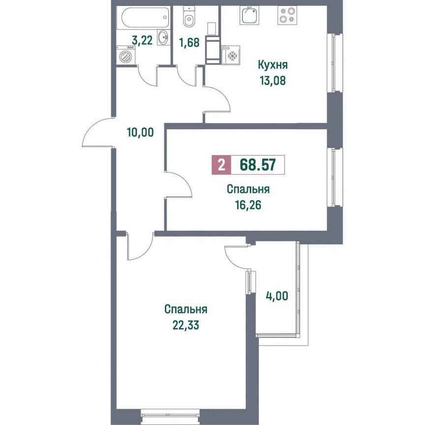 2-к. квартира, 68,6 м², 14/16 эт.