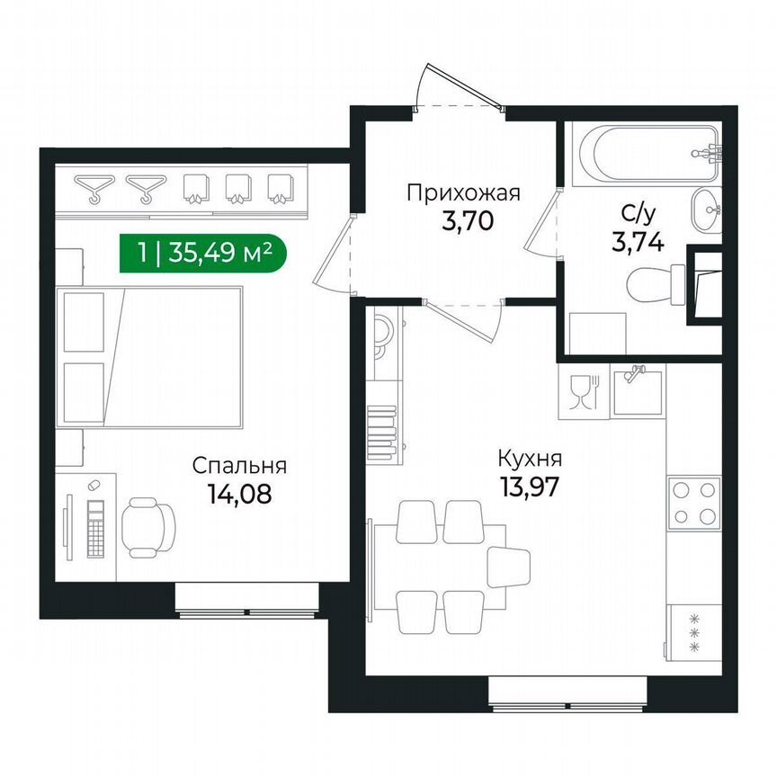 1-к. квартира, 35,5 м², 1/8 эт.