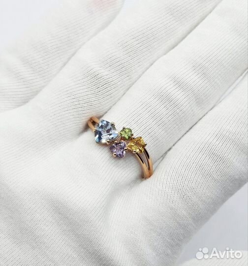 Золотое кольцо 585 пробы Аметист Топаз Хризолит Ци
