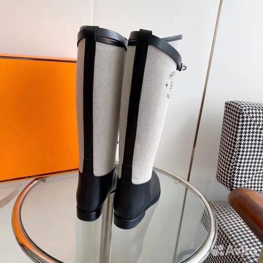 Сапоги женские Hermes холст кожа чёрные