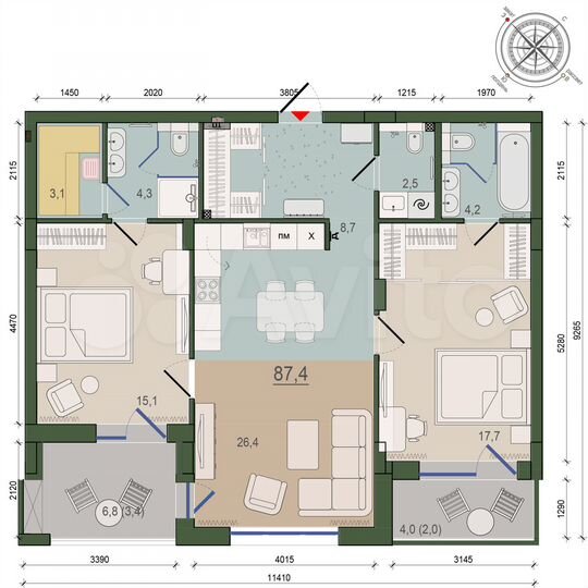 2-к. квартира, 87,4 м², 2/10 эт.