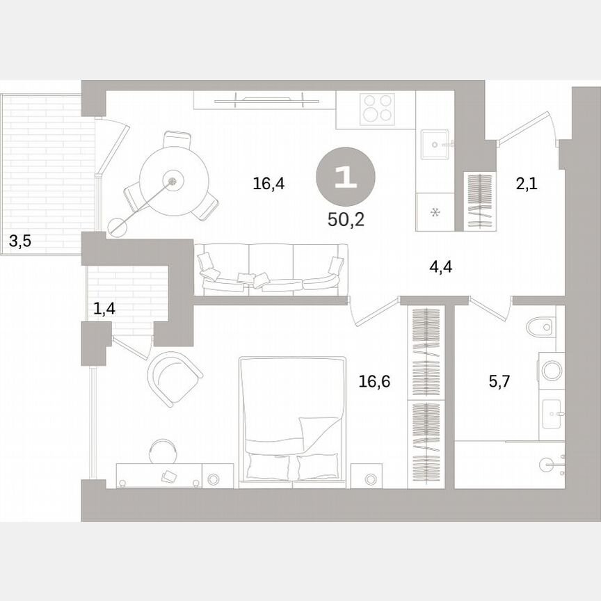1-к. квартира, 49,7 м², 6/16 эт.