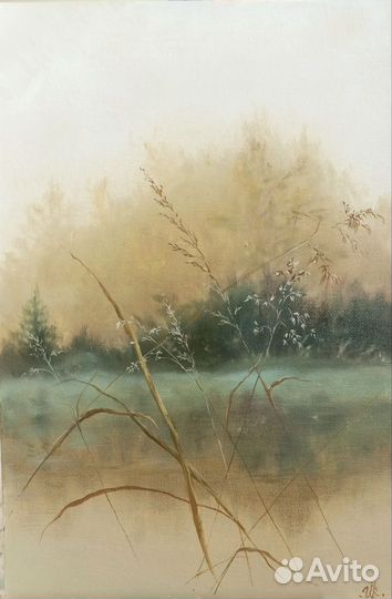 Картина маслом на холсте пейзаж с водой и птицей