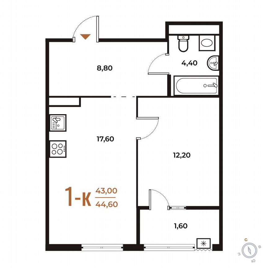1-к. квартира, 44,6 м², 3/8 эт.