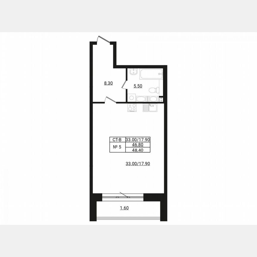 Квартира-студия, 46,8 м², 4/8 эт.
