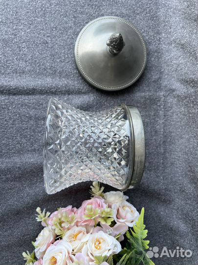 Ваза с крышкой, сахарница олово со стеклом