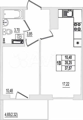 1-к. квартира, 37,6 м², 2/9 эт.