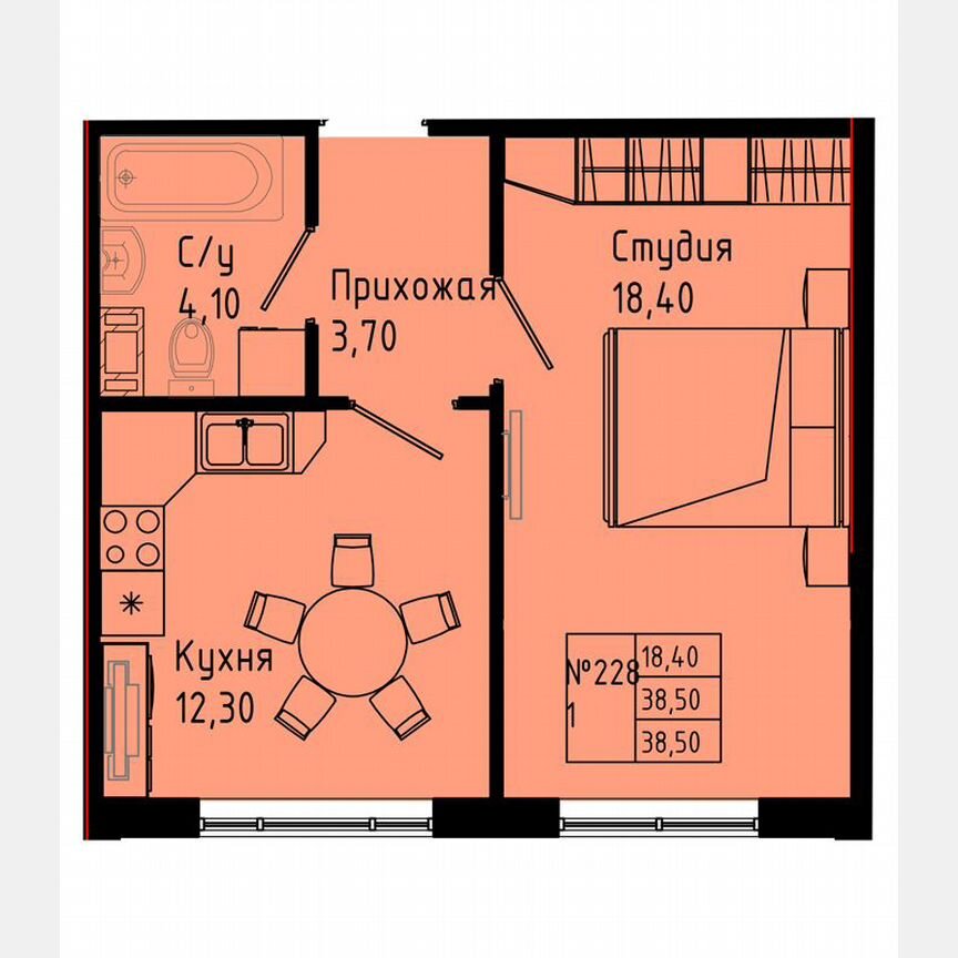 1-к. квартира, 38,5 м², 8/8 эт.