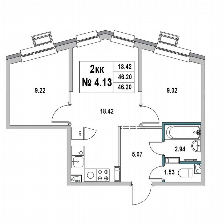 2-к. квартира, 46,2 м², 4/7 эт.